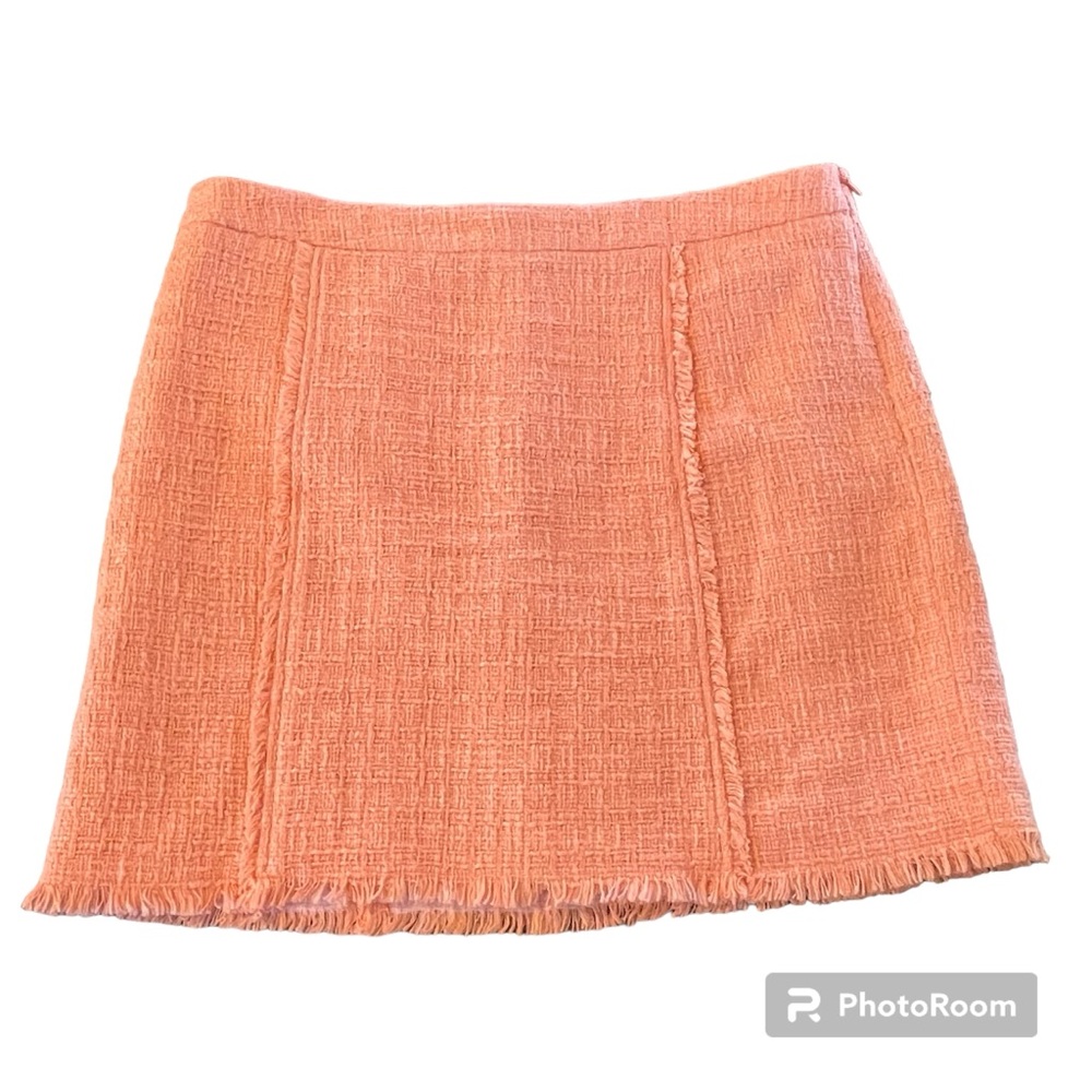 Kenar Peach Orange Tweed Skirt 10 Fringe Frayed Edges Lined